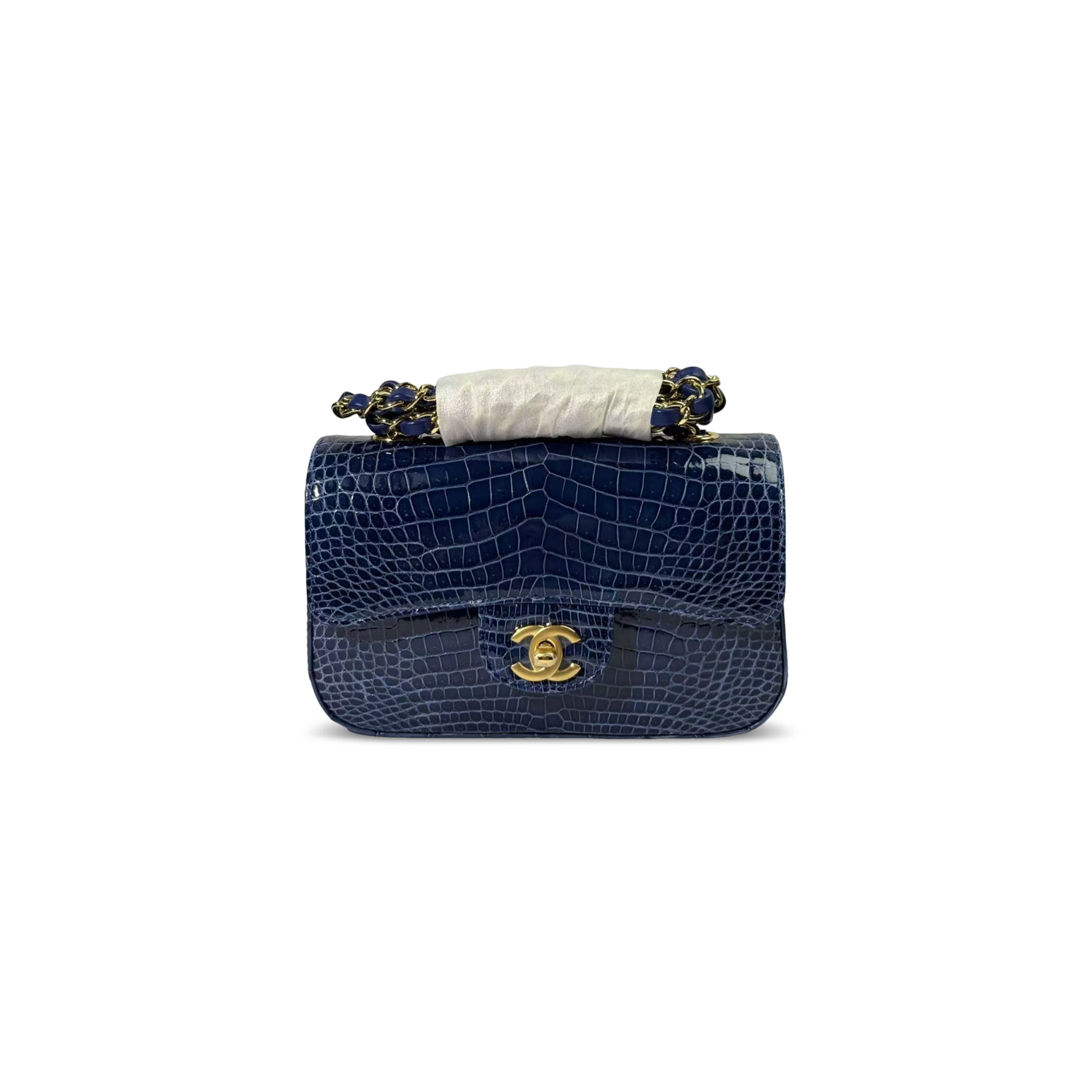 CHANEL MASTER MINI SHINY BLUE ALLIGATOR CLASSIC FLAP BAG (20*12*6cm)
